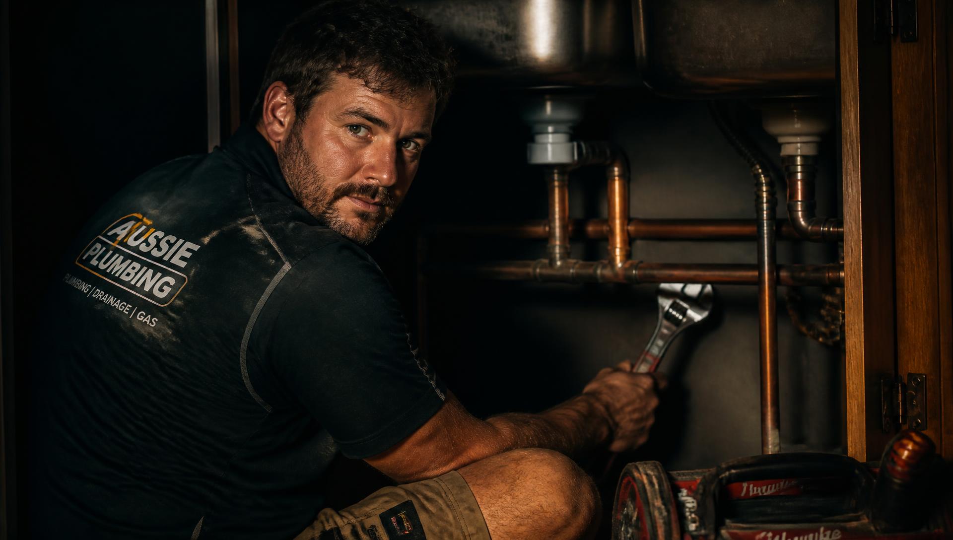 Licensed plumber tightening copper pipework beneath a kitchen sink